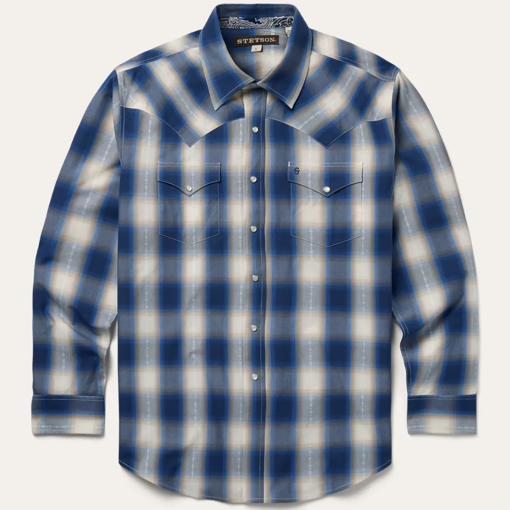Stetson Ombre Plaid Western Shirt Blue New