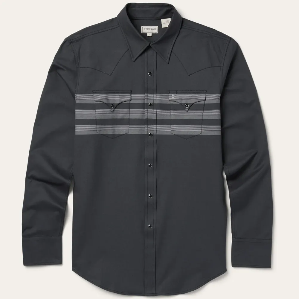 Stetson Border Stripe Twill Western Shirt Black Discount