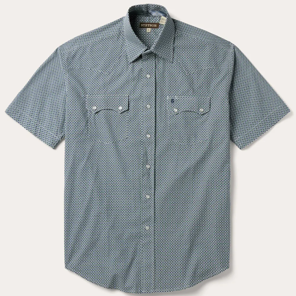 Stetson Circle Diamond Print Short Sleeve Western Shirt Green Hot