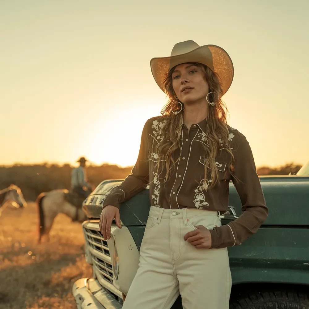 Stetson Classic Western Snap Blouse Brown Clearance