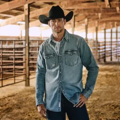 Stetson Distressed Denim Western Shirt Blue