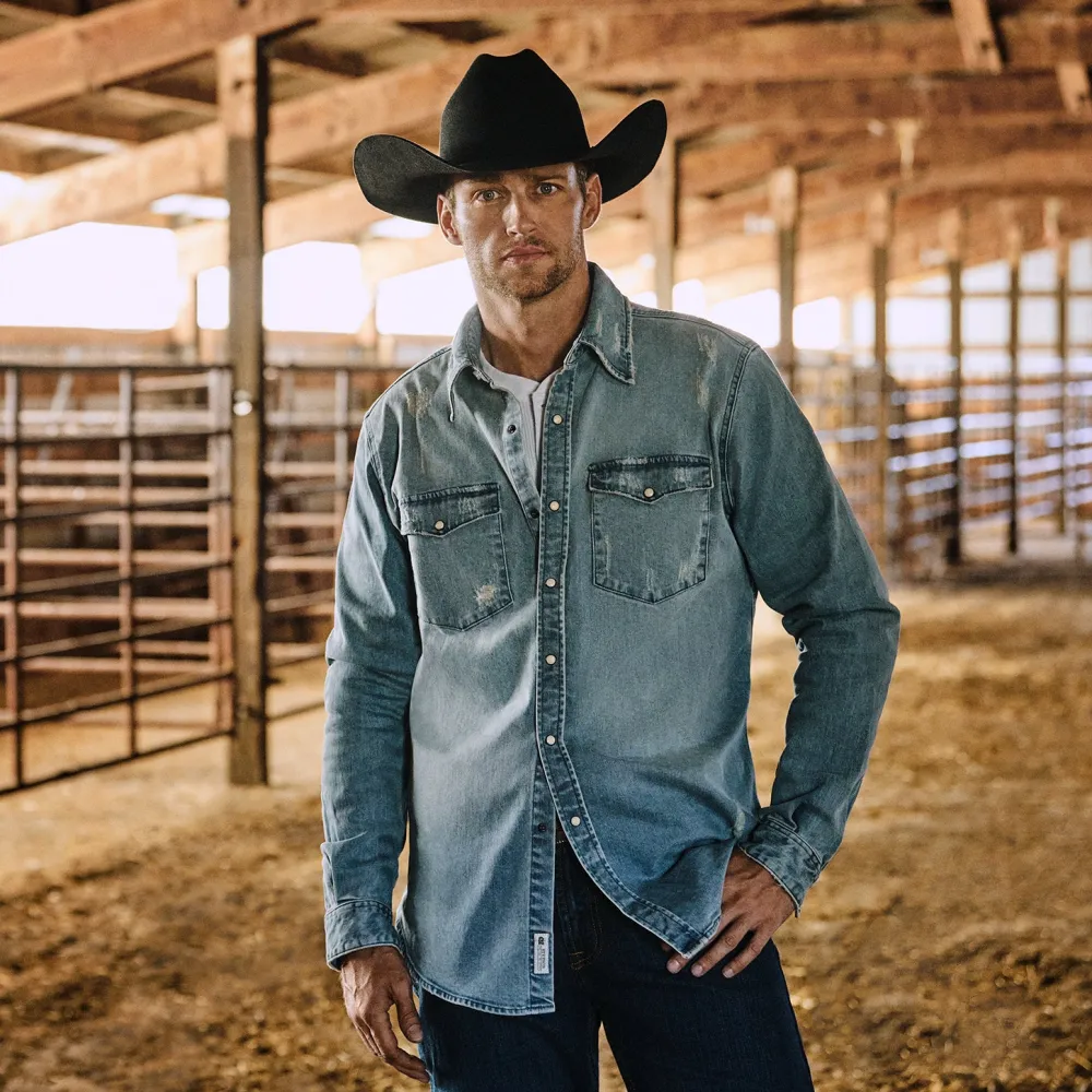 Stetson Distressed Denim Western Shirt Blue Hot