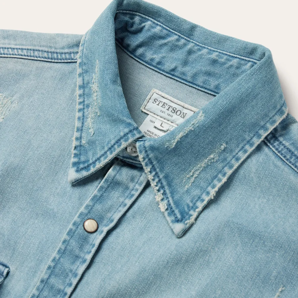 Stetson Distressed Denim Western Shirt Blue Hot