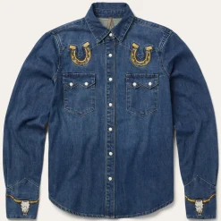 Stetson Embroidered Dark Denim Western Shirt Blue Clearance