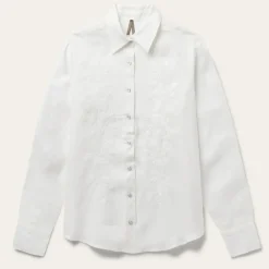 Stetson Embroidered Tonal Stripe Linen Blouse White Clearance