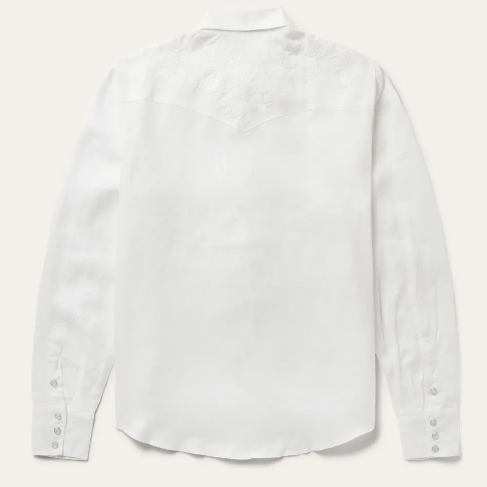 Stetson Embroidered Tonal Stripe Linen Blouse White Clearance