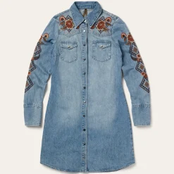 Stetson Floral Embroidered Denim Shirt Dress Blue Discount