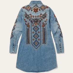 Stetson Floral Embroidered Denim Shirt Dress Blue Discount