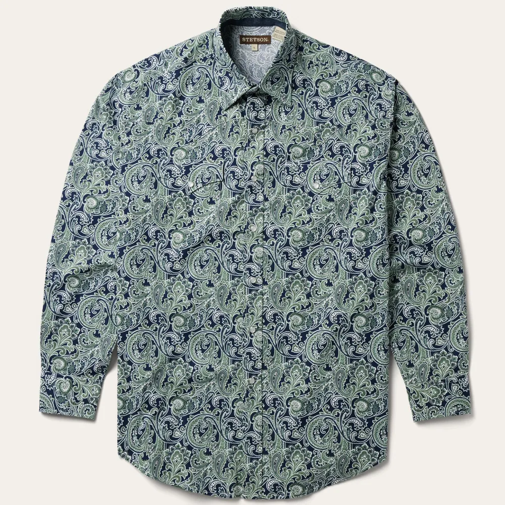 Stetson Greenspring Paisley Print Western Shirt Blue Clearance