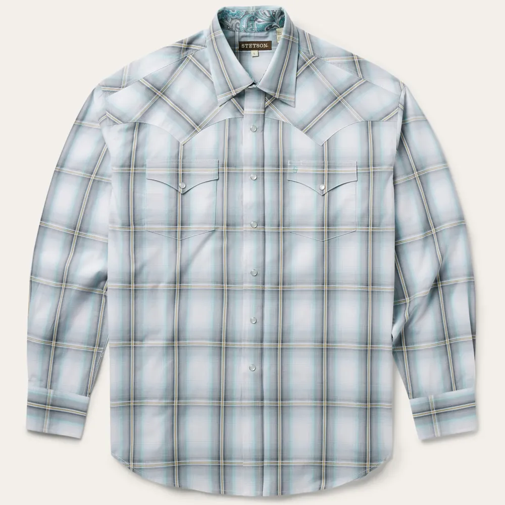 Stetson Sky Ombre Plaid Western Shirt Grey Outlet