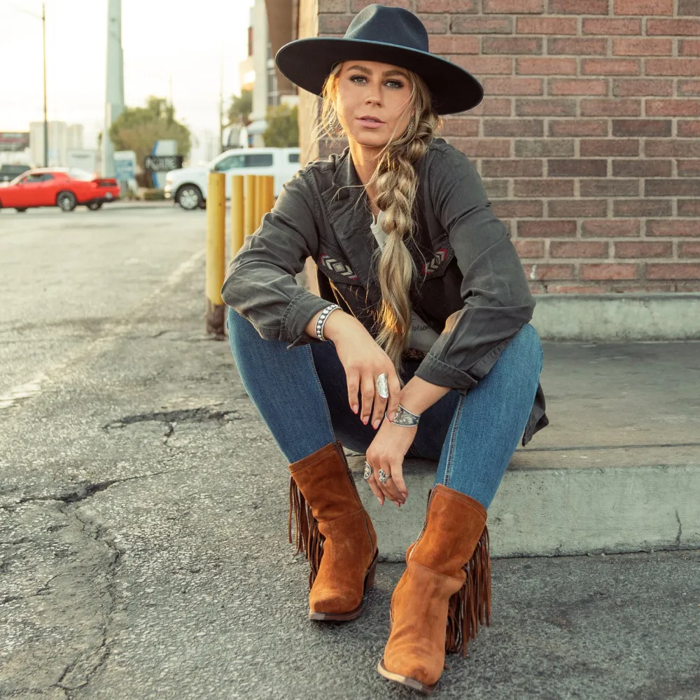 Stetson Halle Suede Fringe Side Zip Boot Brown Discount