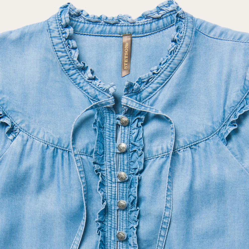 Stetson Lightweight Denim Peasant Blouse Blue Clearance