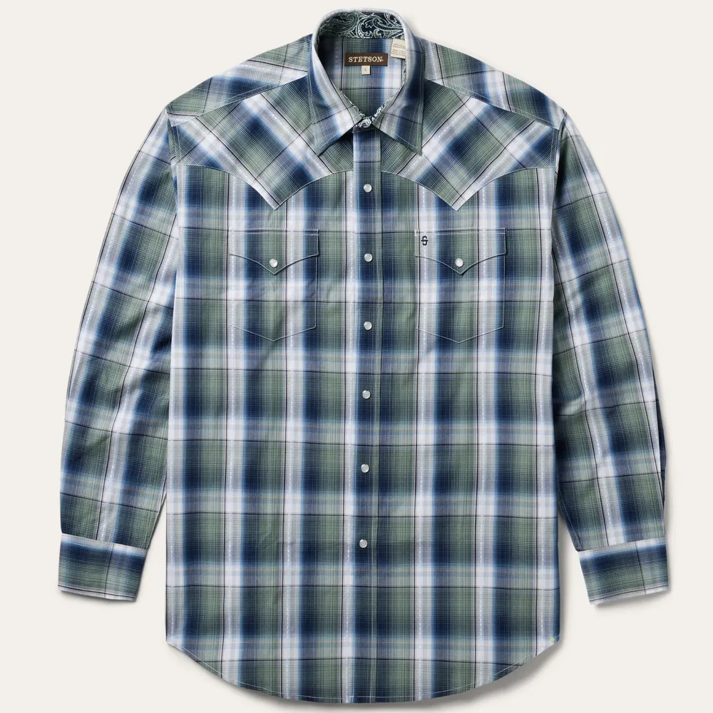 Stetson Lucky Diamond Plaid Western Shirt Green Clearance