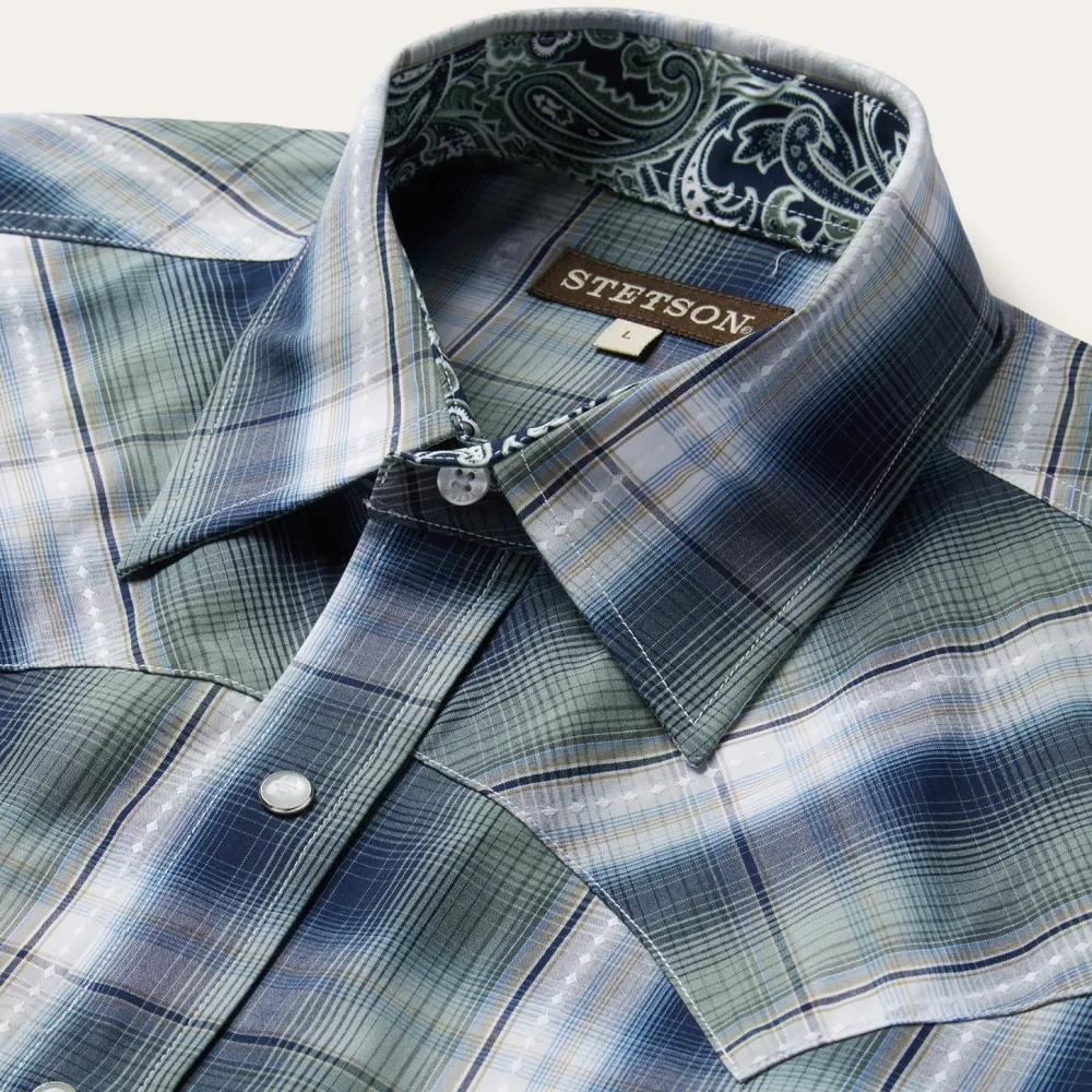 Stetson Lucky Diamond Plaid Western Shirt Green Clearance