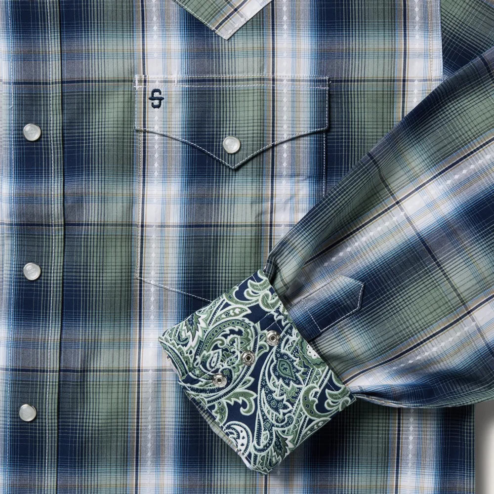 Stetson Lucky Diamond Plaid Western Shirt Green Clearance