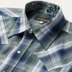 Stetson Lucky Diamond Plaid Western Shirt Green Outlet