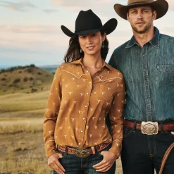 Stetson Mojave Longhorn Print Snap Western Shirt Brown Clearance