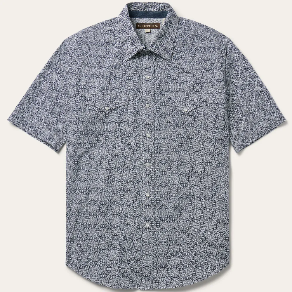 Stetson Navy Print Short Sleeve Western Shirt Blue