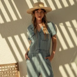Stetson Notch Collar Jumpsuit Blue Discount