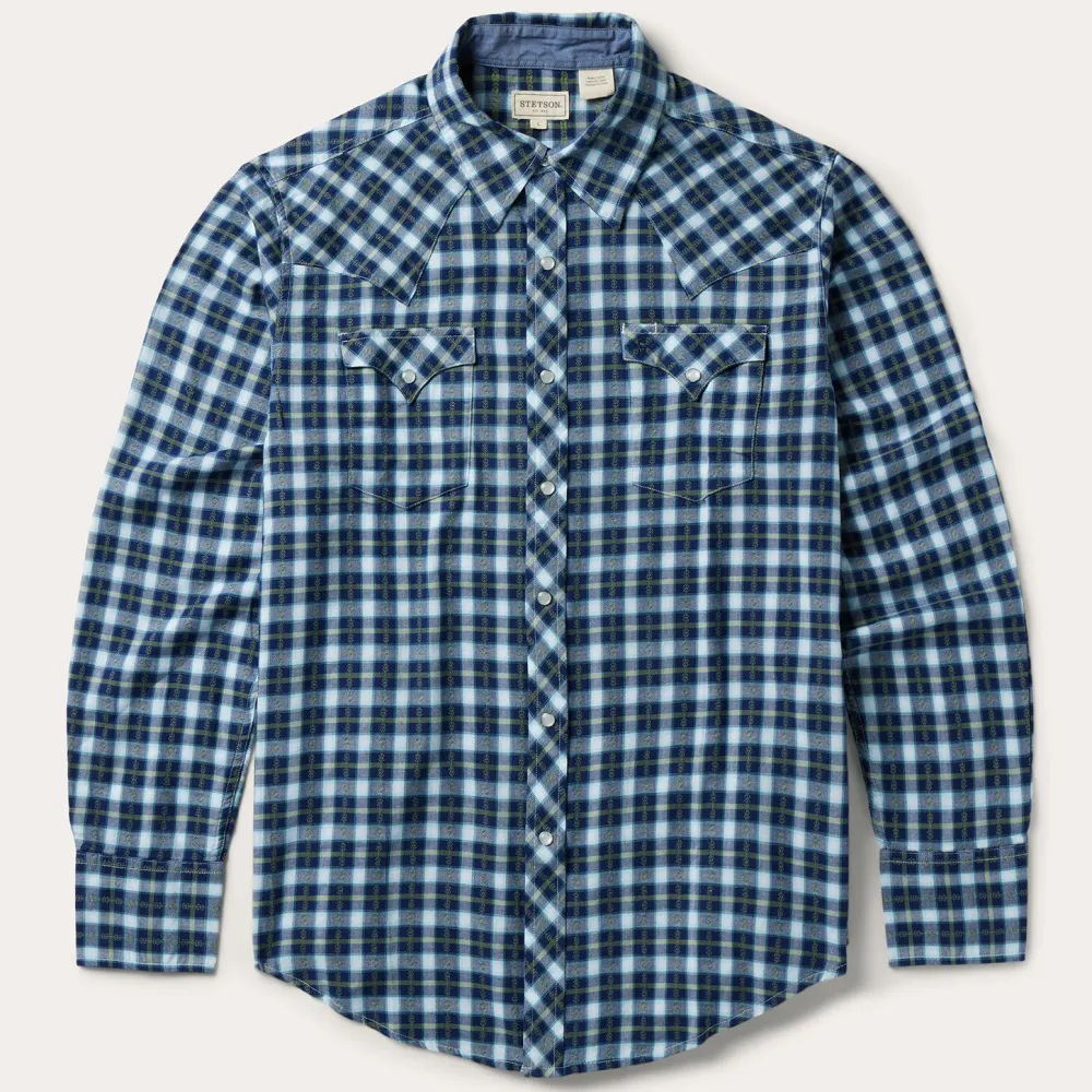 Stetson Plaid Twill Dobby Western Shirt Blue Discount