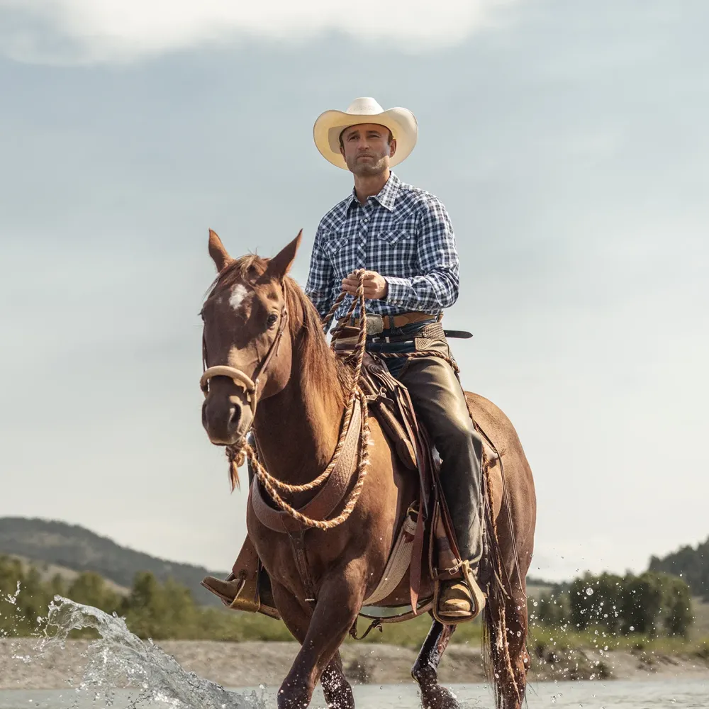 Stetson Plaid Twill Dobby Western Shirt Blue Discount