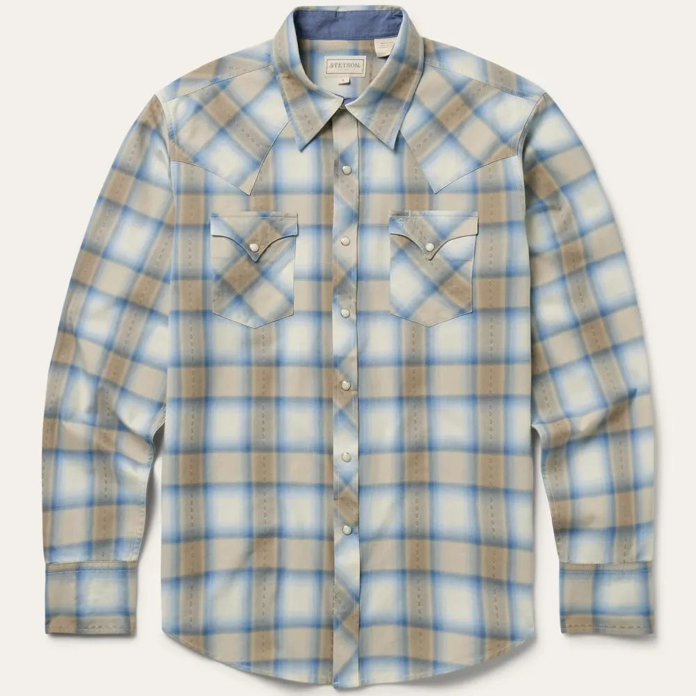 Stetson Sand Plaid Dobby Western Shirt Brown Hot