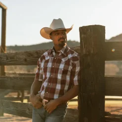 Stetson Shadow Plaid Short Sleeve Western Shirt Wine Sale