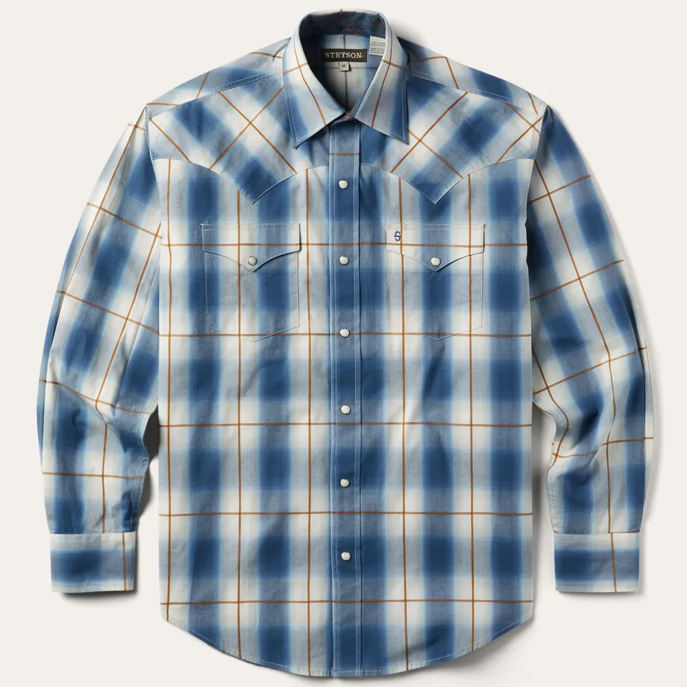 Stetson Steel Ombre Plaid Western Shirt Blue New