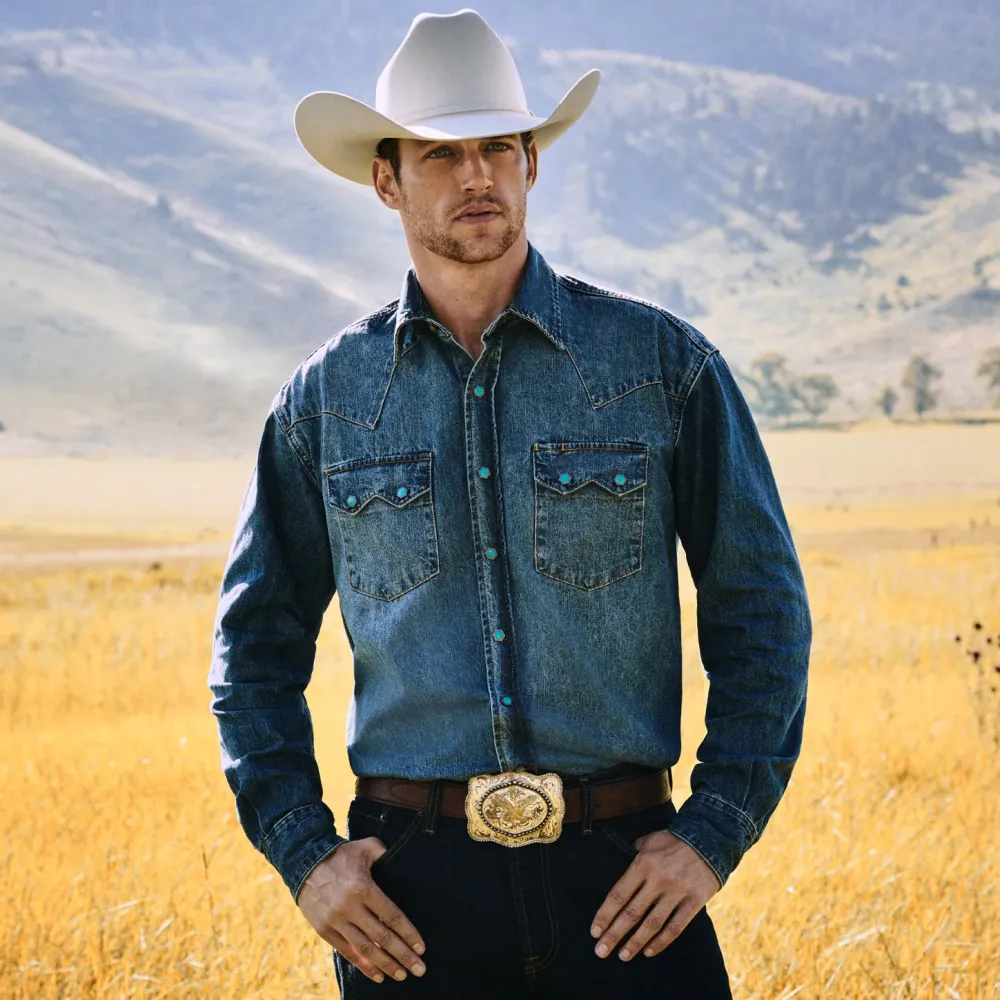 Stetson Turquoise Snap Western Denim Shirt Blue Outlet